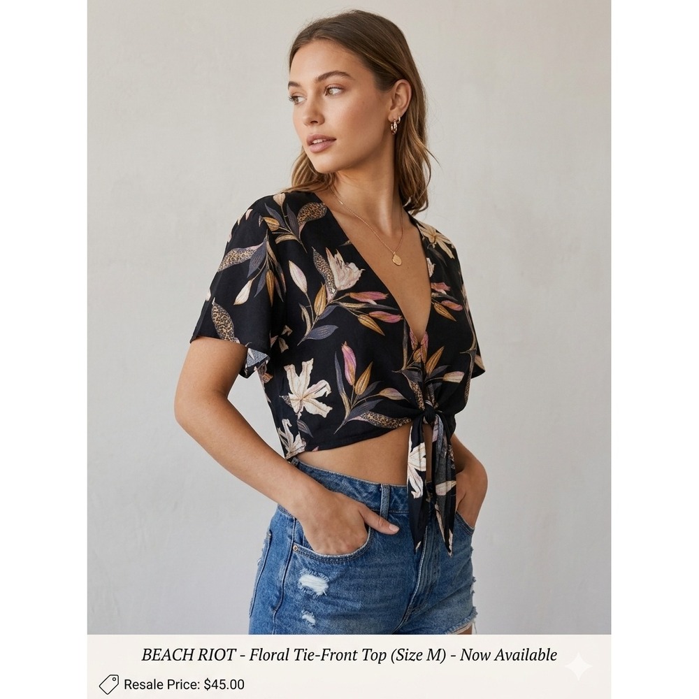 Beach Riot Tie-Front Top Women Size M Black Floral Excellent Boho Crop Blouse